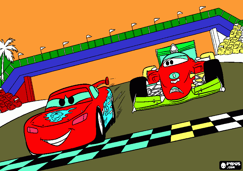 Omalovánka Blesk McQueen a Francesco Bernoulli v okruhu během závodu v cíli