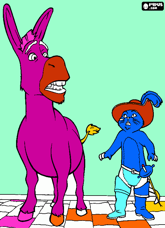 Omalovánka kocour v  botach a oslik