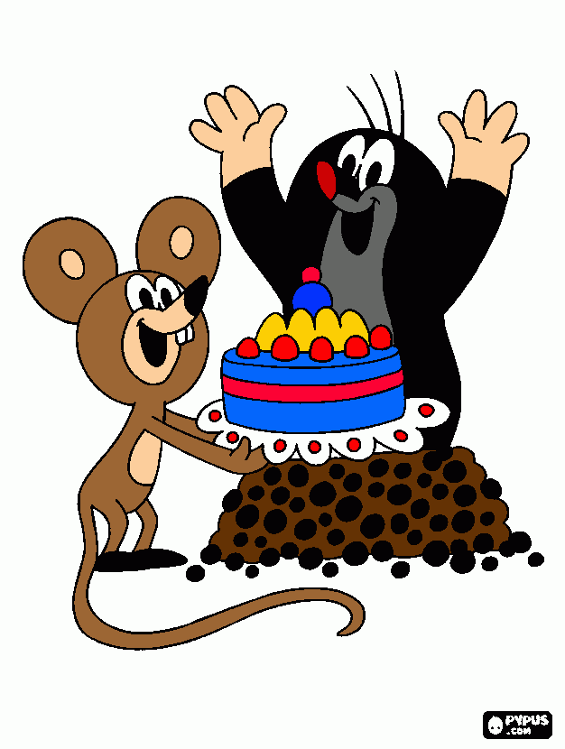 Omalovánka krtek s myškou a dortem