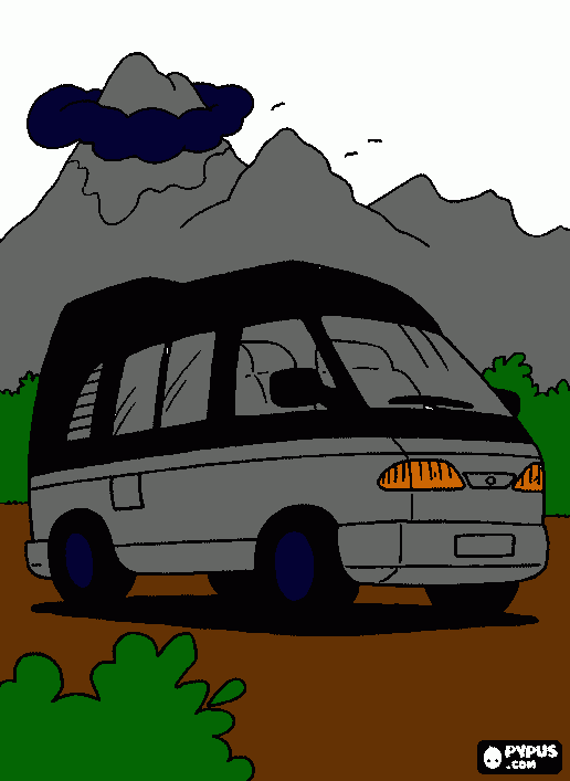 Omalovánka malý autobus na kempování v horách