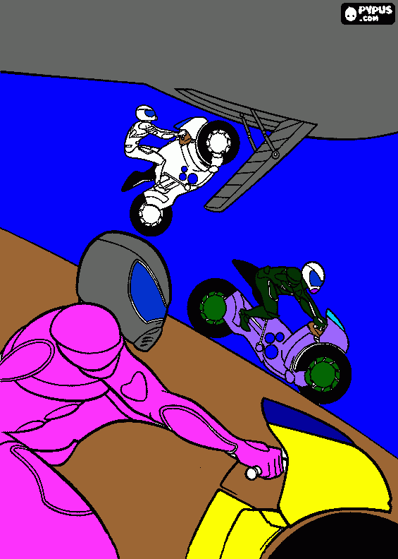 Omalovánka motorkáři skáčou z letadla