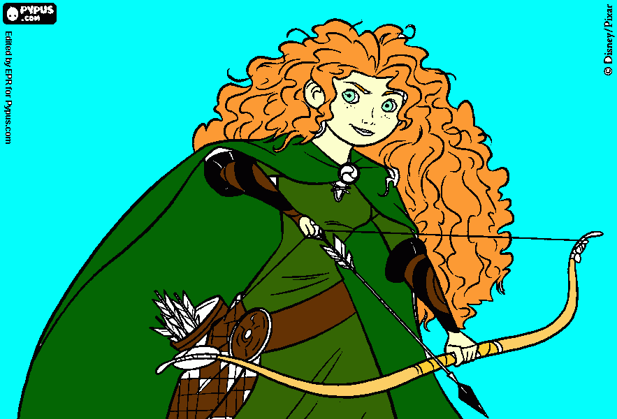 Omalovánka pruncezna merida sfilmu brave ktera má luk a šípi s pláštěm