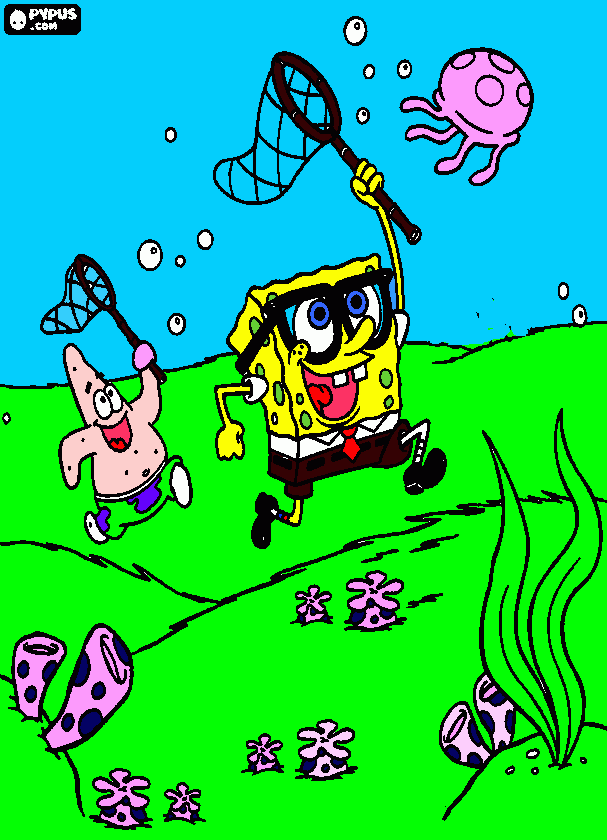Omalovánka spongebob s patrikem chytaji meduzy