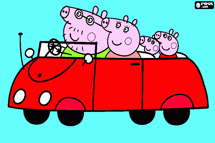 Omalovánka Tatinek Pasik, maminka Pasikova, Pepina a Tomik v Cervenem auticku