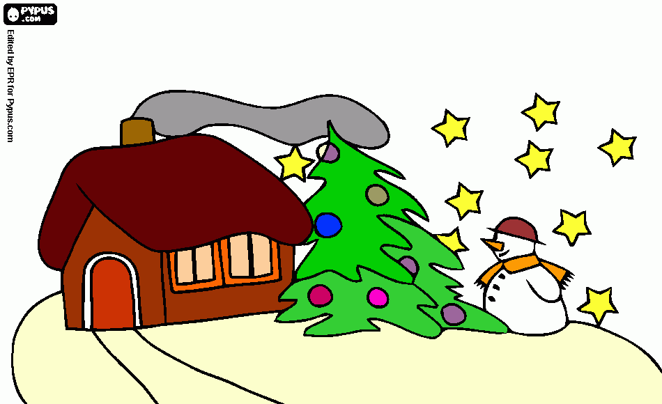 Omalovánka Vánoční obrázek, kabina, jedle a sněhulák